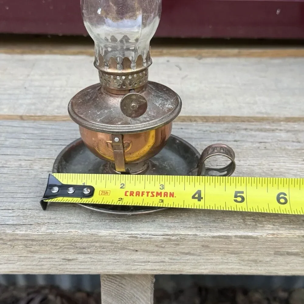 Vintage Copper Hurricane Finger Oil Lamp Swivel Base Thick Glass Shade